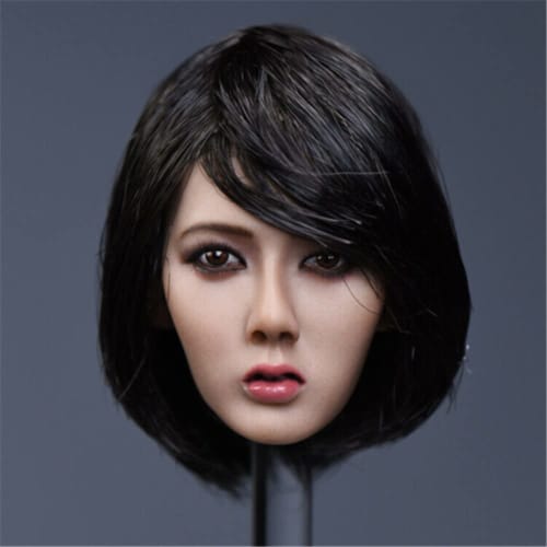 1/6 Asian Beautiful Woman Head with Black Short Hair Carving Model Fits 12 Inch Action Figure Body