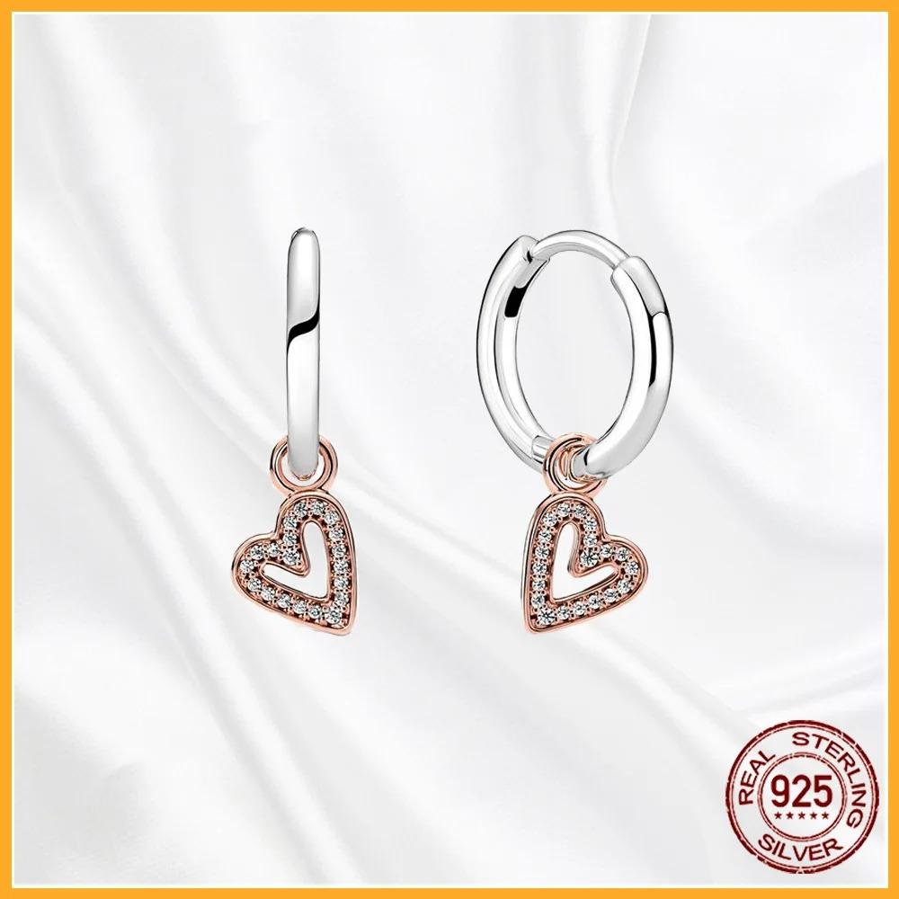 925 Silver Heart Hoop Earrings Sparkling Original Jewelry Gift for Women