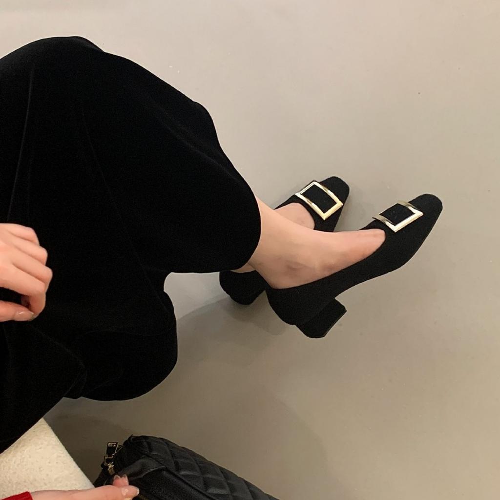 2025 Autumn and Winter New Round Head Thick Heel Metal Buckle Commuter Work Suede Women's Single Shoes