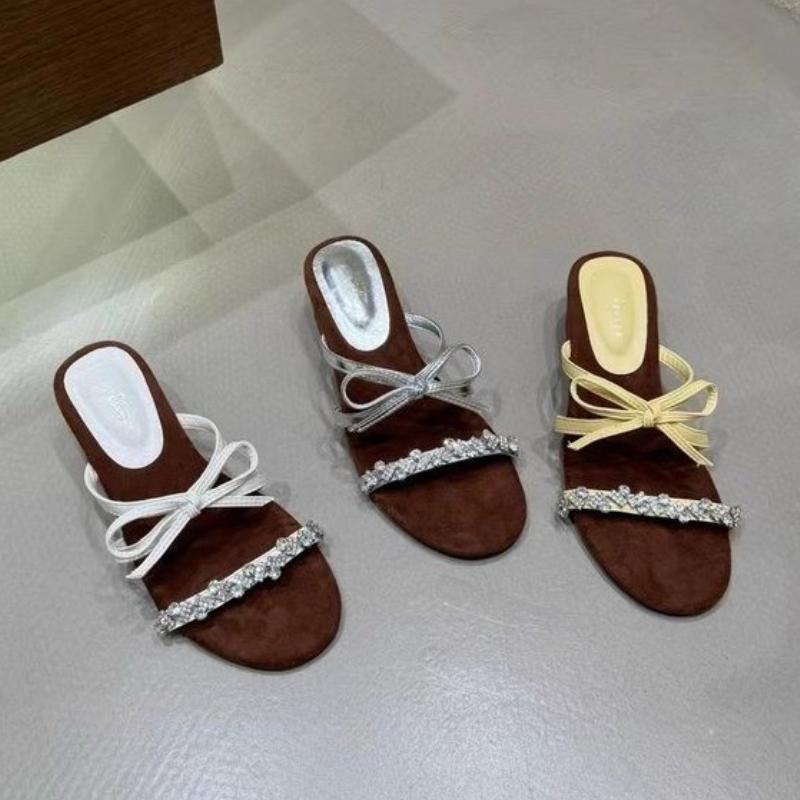 Elegant Butterfly Knot Slope Heel Women's Summer Outdoor Wear 2025 New French Style Square Head Open Toe High Heels Slides