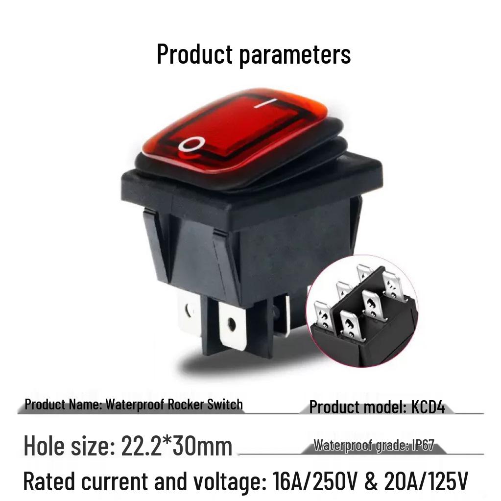 Waterproof KCD4 Boat-shaped Rocker Switch, High Current, 4/6 Pins, 2/3 Positions, with Light Silver Point