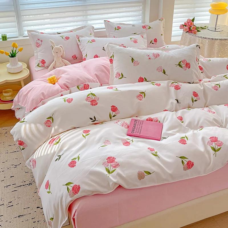 100% Cotton Bedding Set, Four Piece Sheet Set Comfort Set Girly Fresh Style Couple Bed Comforter Set
