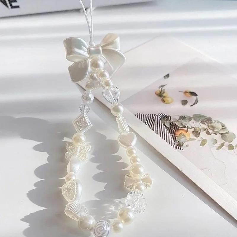 1Pc Pearl Love Heart Bow Beads Cellphone Decor Chain Charm Lanyard Universal Accessories Jewelry Pendant Strap Women Girls