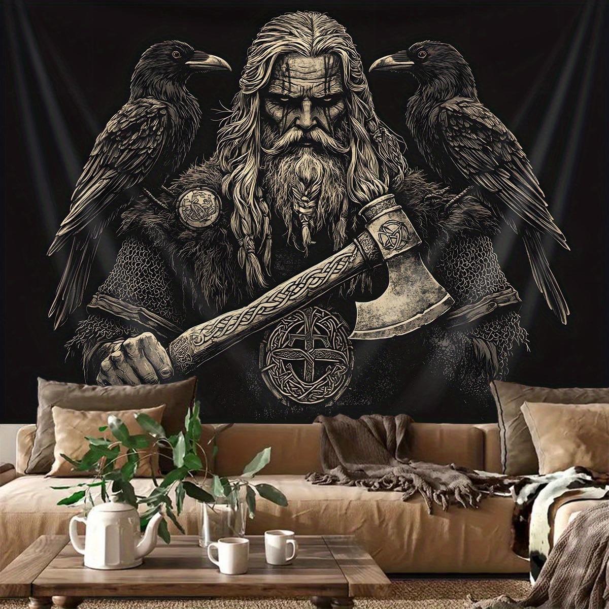 Wikinger Odin und Rabe Wandteppich Nordische Mythologie Wandteppich Schwarz und Weiß Kriegsgott Kunst Wohnzimmer Dekoration 100X70CM