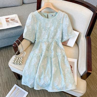 Women's Summer Big Size Bubble Sleeve High Waist Dress Fresh Sweet Round Neck Midi Dresses