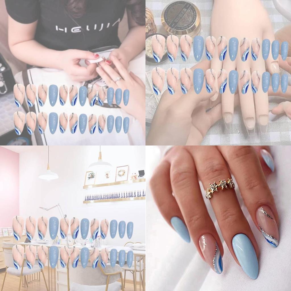 Almond-shaped Simple Wave Blue White French Spring And Summer New Product Fresh And Pure Wearable Nail Art Piece W12
