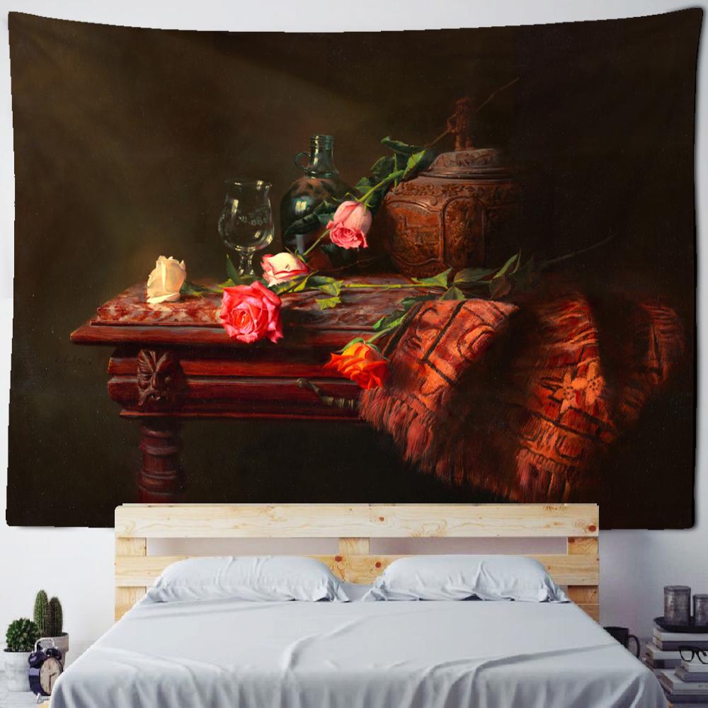 Einfache Europäische Blumen- und Frucht-Ölgemälde-Wandteppich Psychedelische Kunst Schlafzimmer Wohnzimmer Heimdeko Wandbehang