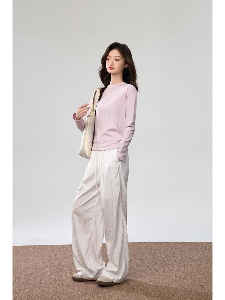 Damski Luźny Bawełniany T-shirt z Długim Rękawem w Kolorze Różowym, Półwysoki Okrągły Dekolt