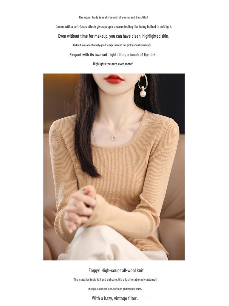 2025 Slim Fit Women's Square Neck 100% Wool Sweater - Thin U-neck Base Layer Top