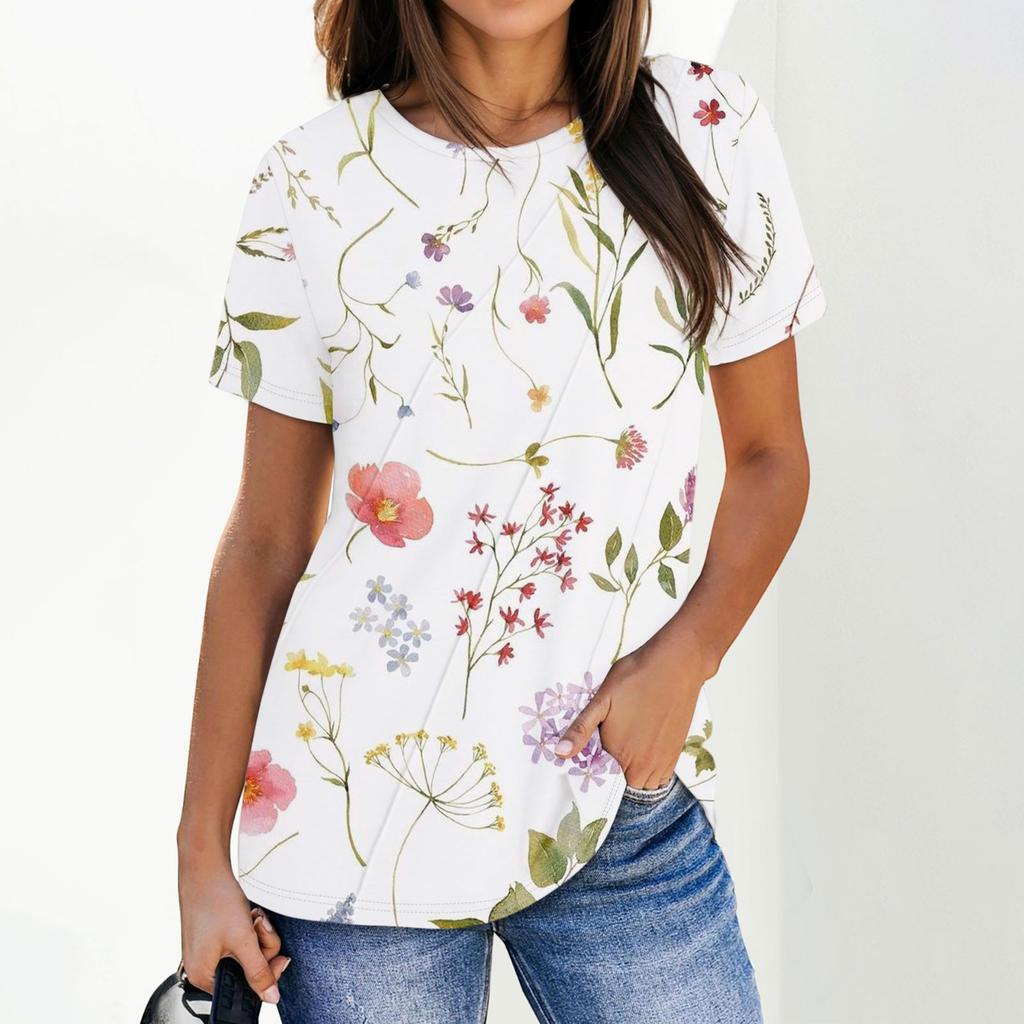 Women's Fashion Casual Floral Print Pullover Short Sleeve Top