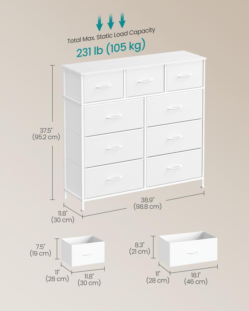 SONGMICS BELLAH Collection - Chest of Drawers, Storage Unit, Steel, for Bedroom, Closet, Hallway, Living Room, 9 Drawers, Modern