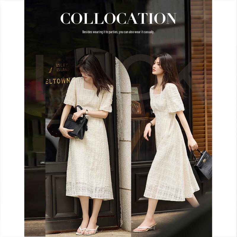 Demana Women's Square Collar Puff Sleeve A-line Midi Dress
