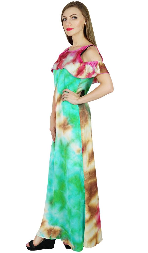 Bimba Women Chic Style Cold Shoulder Maxi Dress Tie Dye Holiday Resort