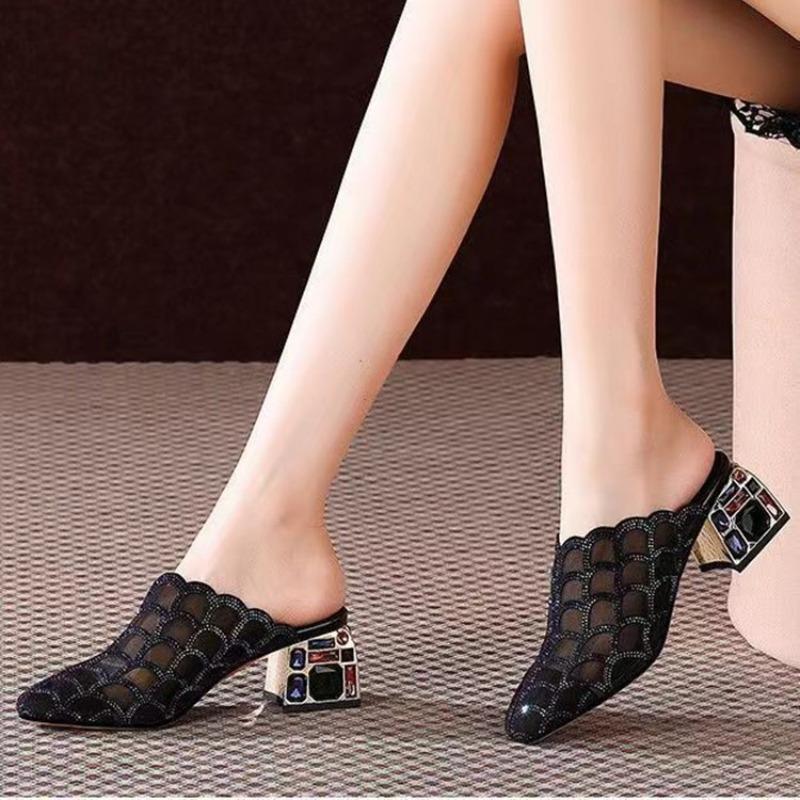 Baotou Crystal Square Heel Sandals Summer New Pointed Head Deep Mouth Mesh Cloth Breathable Non-slip Heel Shoes