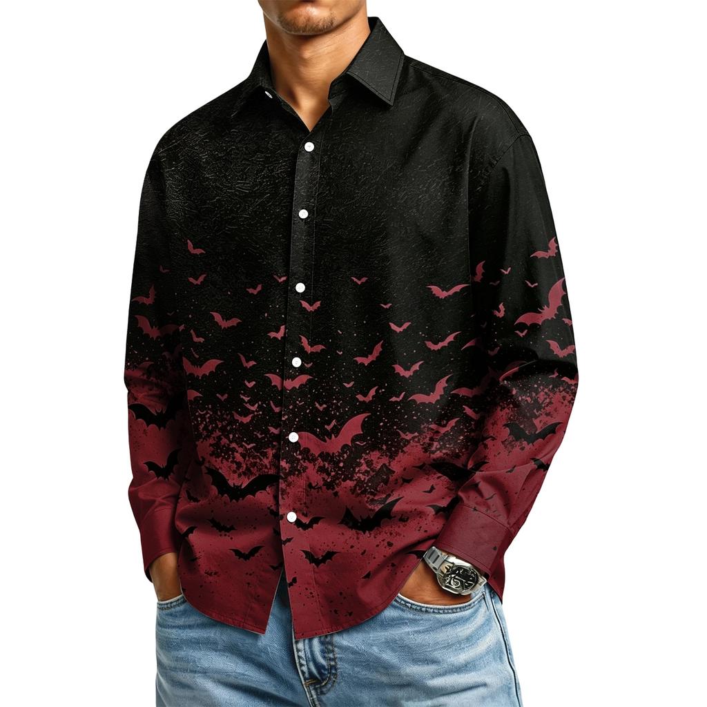 Men's Long Sleeve Button Down Halloween Print Shirt for Party Costume