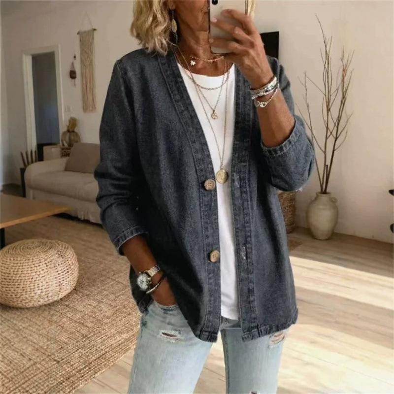 Women S Floral Print Casual Imitation Denim Stand Collar Long Sleeve Cardigan Coat