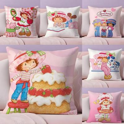 Funda de Cojín Chica S-Shortcake de Fresa Tejido de Felpa Suave Impresa a Doble Cara Sofá Cálido Invierno Hogar Regalo Funda de Almohada