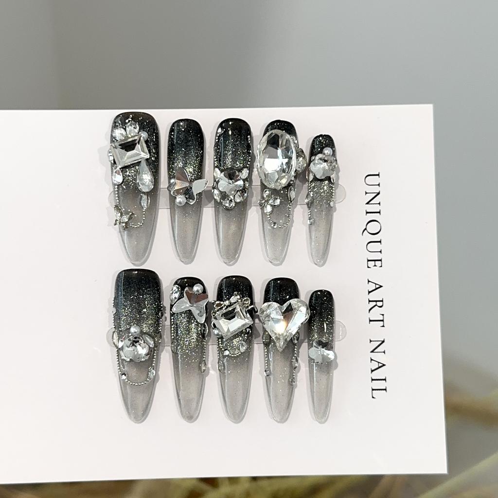 Women Press‑On Nails Pure‑Handmade Black Silver Cat Eye Heavy Craft Brilliant Rhinestone European‑American False Nail Patches