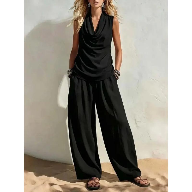 women's Cowl Neck Sleeveless Draped Tank Top High Waist Wide Leg Pants Elegant Casual Two Piece Outfit Tracksuit Set