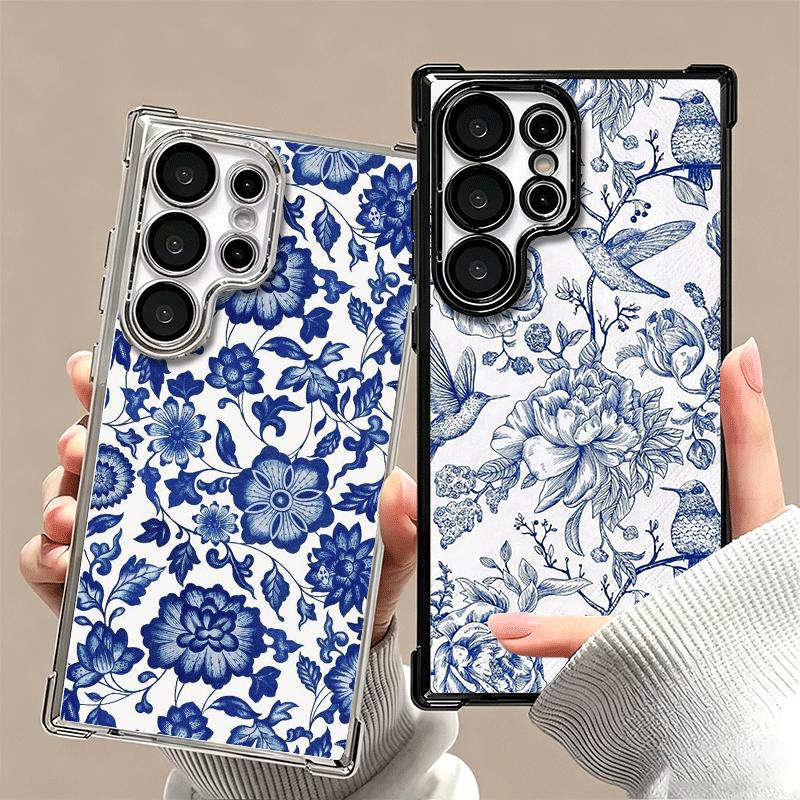 Blått och vitt porslinsmönsterpläteringsskal för Samsung Galaxy S24 S25 FE S26 Edge S23 Ultra S22 S21 Plus S20 Fallskydd