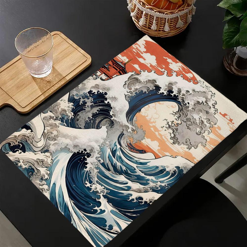 Tsunami Wellen Japanische Illustration Tischmatte Küchen Dekoration Platzset Tischserviette Für Hochzeit Esszimmer Zubehör Tischmatte