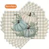 4/ 6pcs Buffalo Plaid Cyan & White Pumpkin Eucalyptus Leaves Placemats 12x18 Inch Fall Thanksgiving Table Decorations for Kitchen Dining Party Hom
