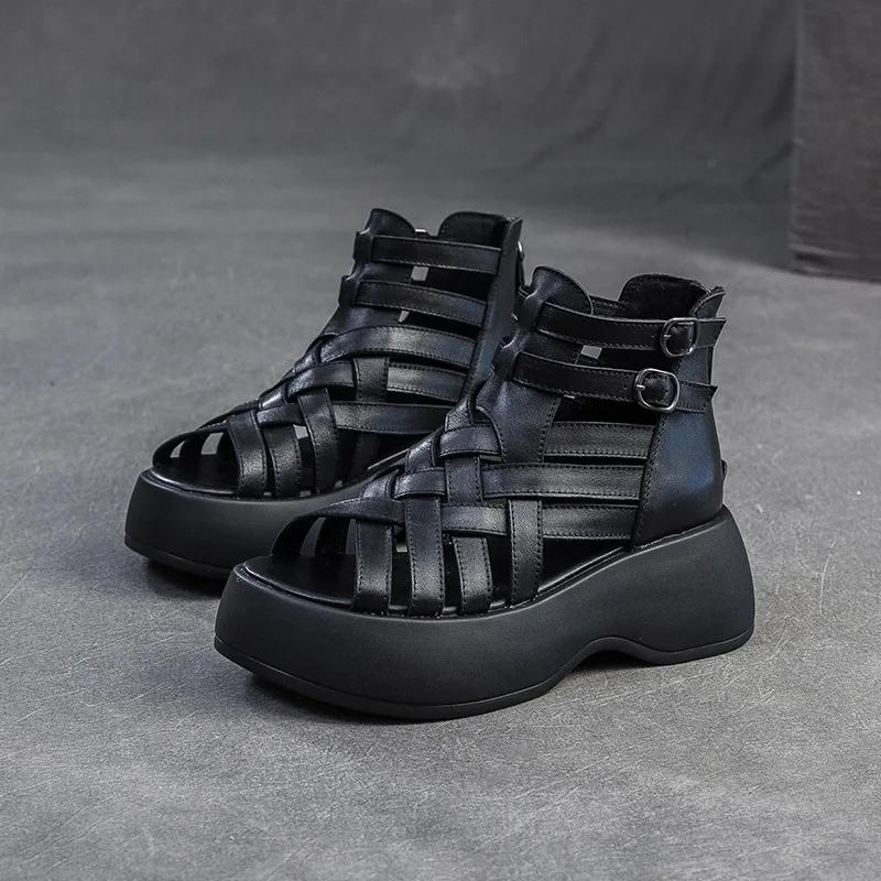 Fashion High Quality 6CM Weave Genuine Leather Fashion Ankle Booties Peep Toe Summer Sandals Mary Jane Platform Wedge ZIP Women Shoes