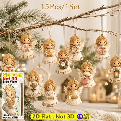 Cross-Shaped 2D Wooden Angel Christmas Ornaments Set, 15-Piece Festival Tree Decorations