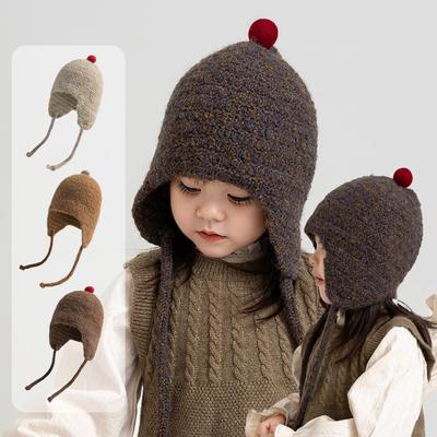 Cute Small Ball Baby Ear Protection Hat Winter Knitted Toddler Girl Boy Lacing Cap Outdoor Windproof Warm Kids Earmuffs Beanie