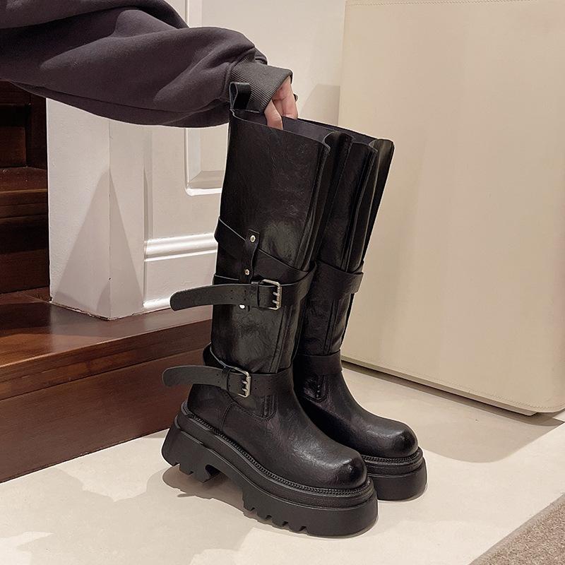 

Новые детские осенние бархатные высокие сапоги-ботфорты 2025 года, универсальные сапоги на толстой подошве с пряжкой-ремнем 40