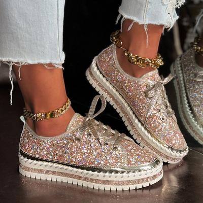 Large Size Thick-soled Lace-up Single Shoes Women's Rhinestone Muffin Bottom Sports Wind Board Shoes Sequined Casual Shoes