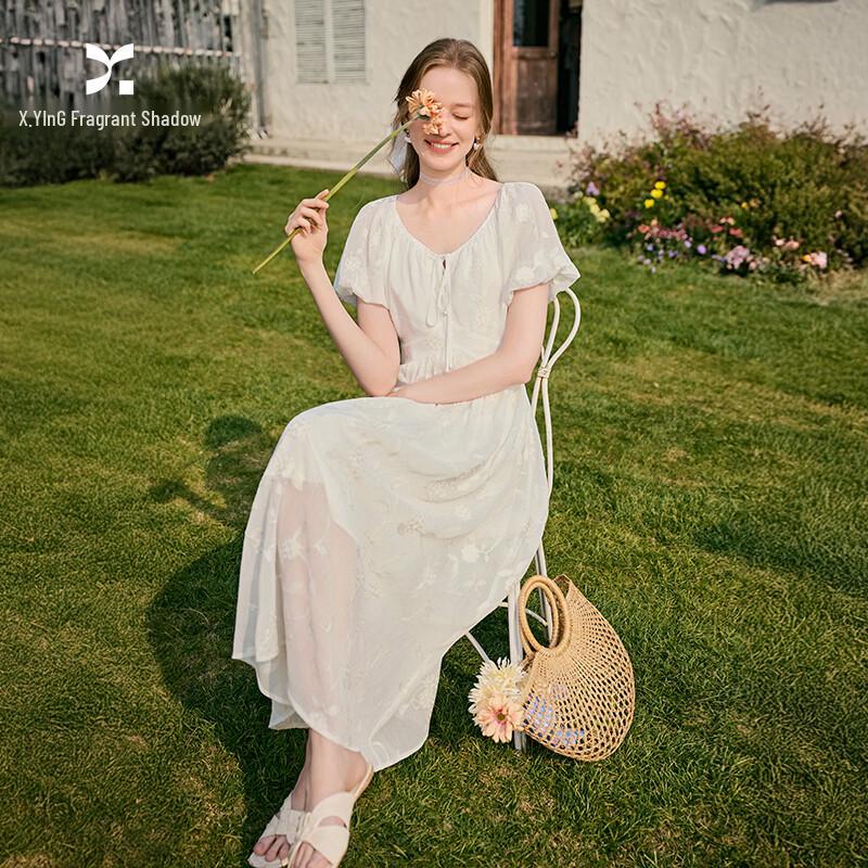 French V-Neck Puff Sleeve Embroidered Jacquard Dress M