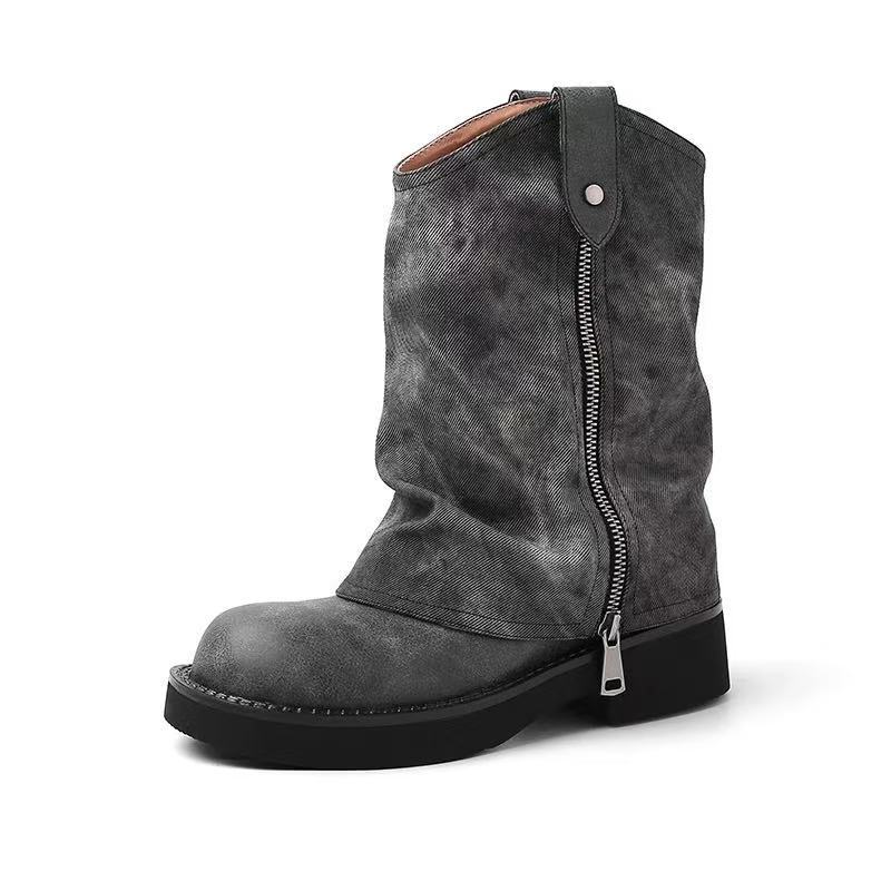 Cowhide~ Cowhide Thick-soled Chelsea Boots Women's New Sweet and Cool Side Zipper Round Head Pleated Pile Boots Western Cowboy