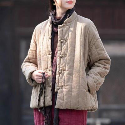 Frauen Chinesischen Stil Parkas Einfarbig Stehen Langarm Winter Mäntel Taste Plus Baumwolle Warme Parkas