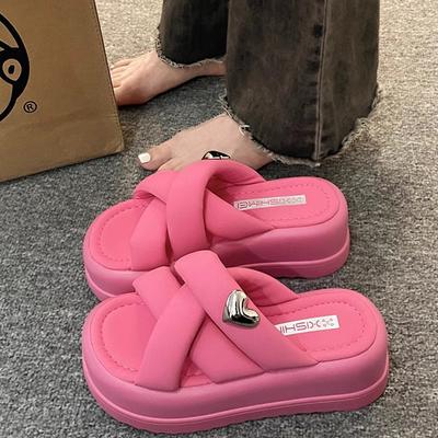 Muffin Thick-soled Cool Slippers Women's Summer Wear Fashion and High Sense Internet Celebrity One-word Drag 2025 New Super Fire Beach Shoes