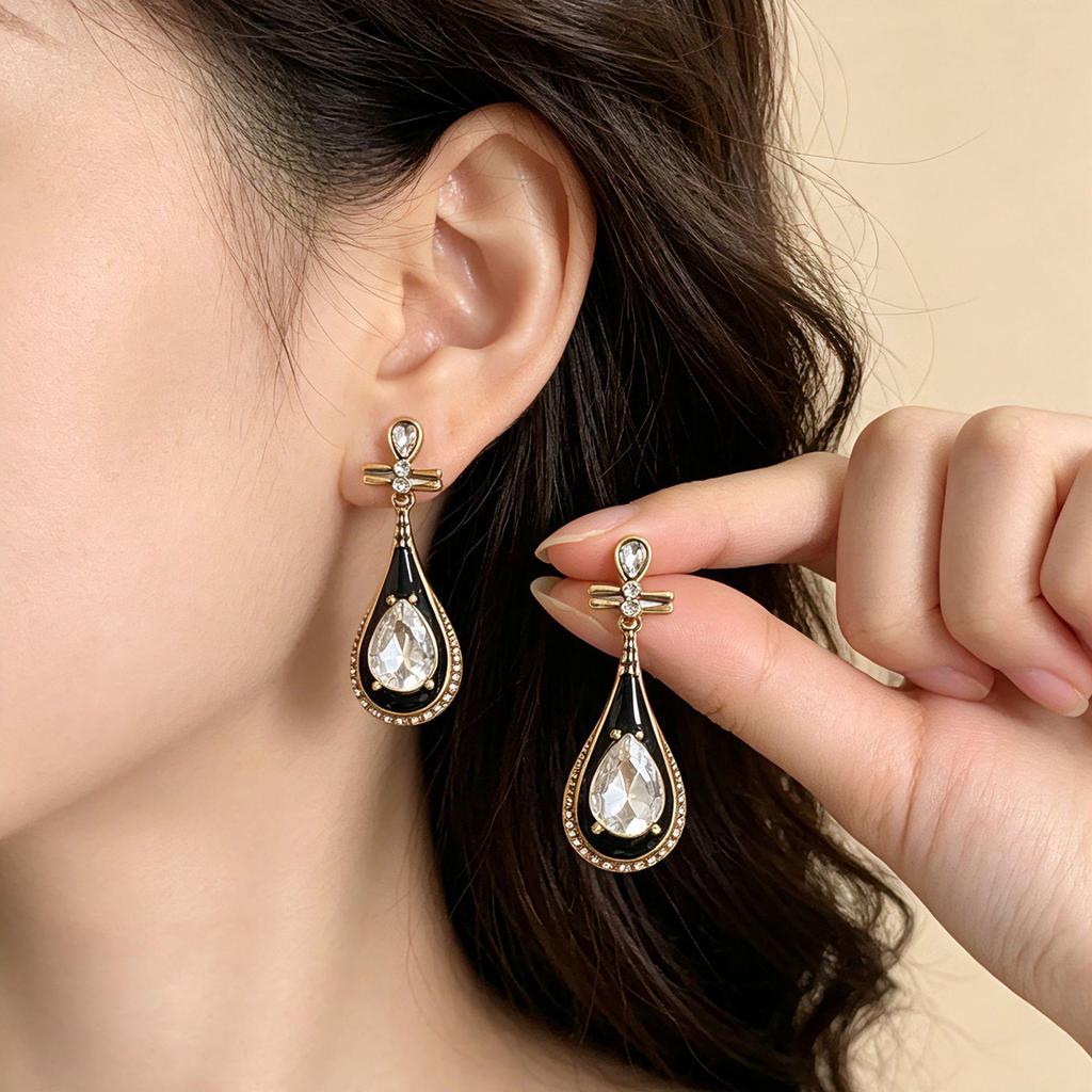 Retro Black Gold Rhinestone Water Drop Earrings