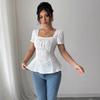 Women's Summer Fashion Elegant Casual Lace Shirt Square Neck Bow Short Sleeve Top