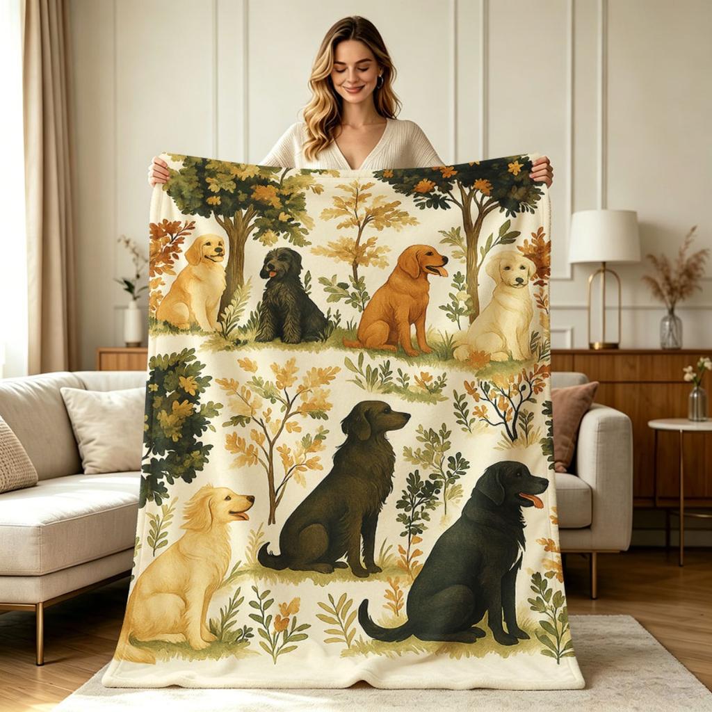 All Season Warm Flannel Blanket Vintage Forest Dog Print Soft Cozy Throw Blanket for Couch Sofa Living Room Bedroom Office Home Decor