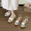 Huge Easy To Wear Straw Woven Open-toed Sandals Women's Summer Retro Heightened Thick-soled Wedge Heel One-word Buckle with Round Head Roman Sandals