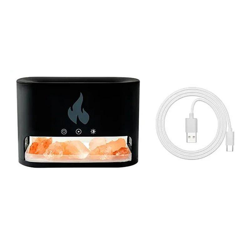 A78E-Fireplace Humidifier Crystal Salt Rock Fire Lamp 7 Color Flame Aroma Volcano Air Humidifier Essential Oil Diffuser Black