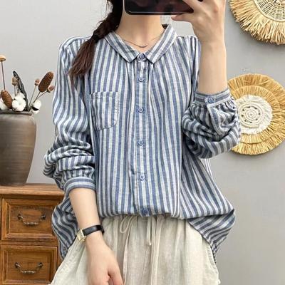 Double Layer Cotton Yarn Vertical Stripe Short Sleeved Shirt for Women Loose Fit Slimming Summer Wear Casual Lapel Shirt Blouses & Shirts