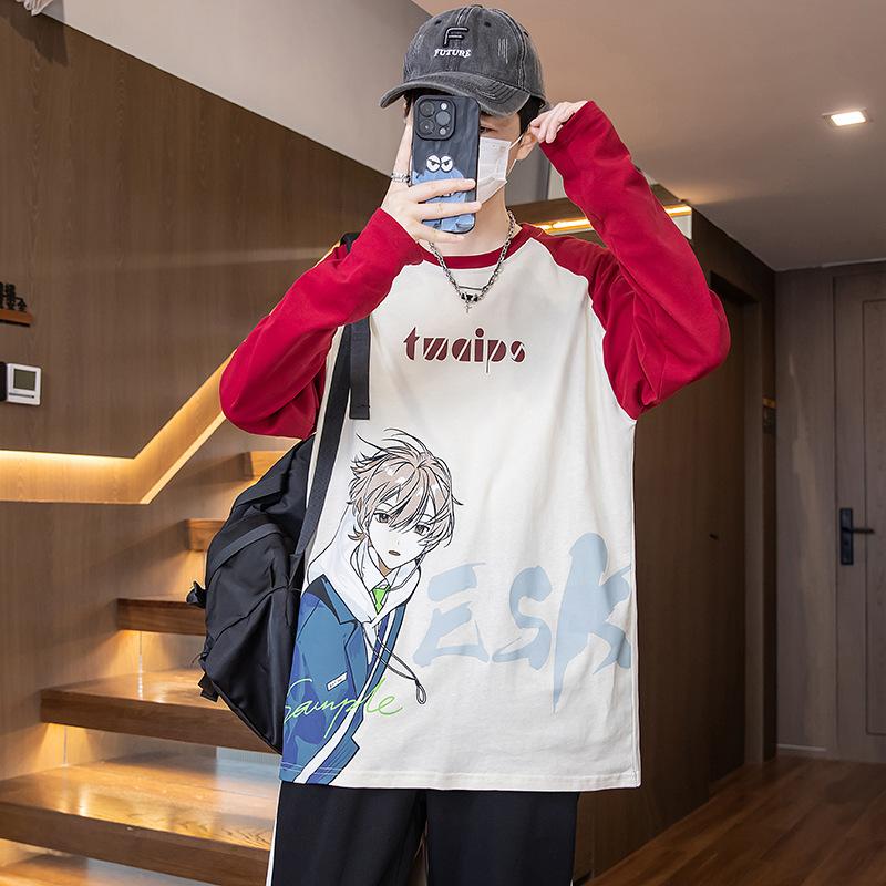 

Осенняя футболка с длинным рукавом для подростков, мужская универсальная свободная футболка, футболка с мультяшным принтом, повседневный свитер M