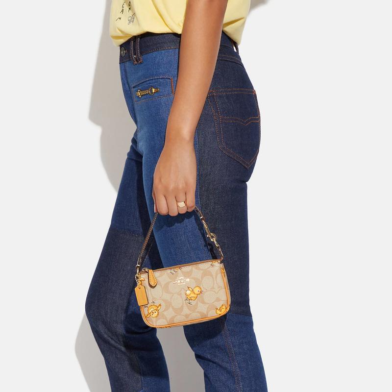 COACH Nolita 15 Chicken Cartoon Animal Print Chain Artificial Leather Wrist Bag Clutch Regular Women's Khaki Color Yellow