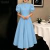 Robe élégante décontractée pour femme à col rond et manches courtes bouffantes