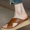 New Summer 2025 Outdoor Fashion Soft French Cross-belt Thick-soled Wedge Heel Straw-woven Cool Round Toe Soft Soles Slippers