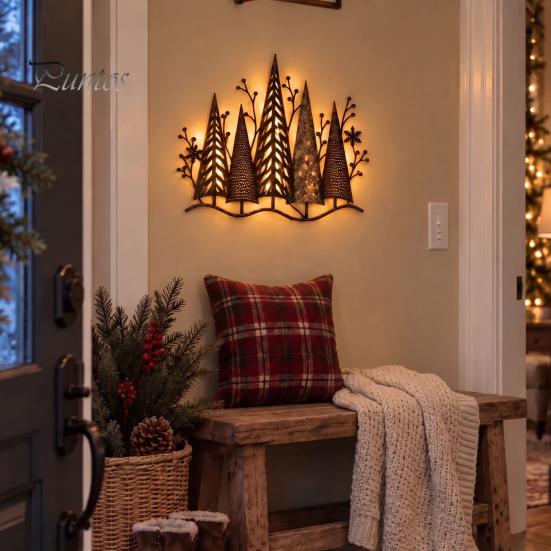 Rustic Metal Wall Art Vintage Lighted Woodland Decor, Pine Forest Tree Outdoor Porch Sculpture with LED Lights for Farmhouse Cabin Winter Home