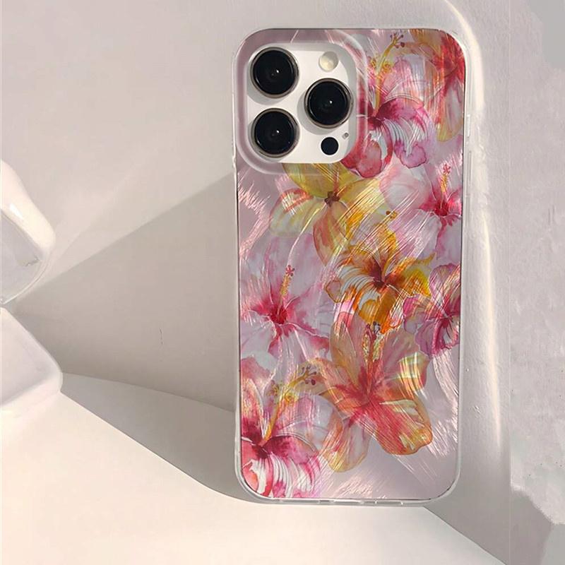 Pink Hibiscus Floral Feather Art Phone Case for iPhone 17 16 15 14 13 12 11 Series Pro Max Plus Double Layer Protection