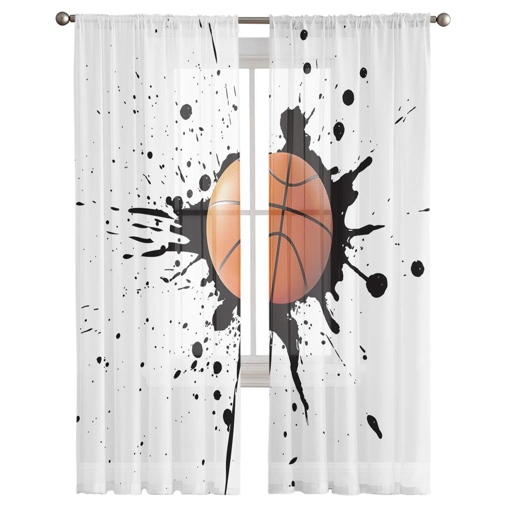 Ink Splash Basketball Sport Sheer Curtains Window Tulle Curtains For Living Room Bedroom For Kitchen Veiling Curtains Decoration