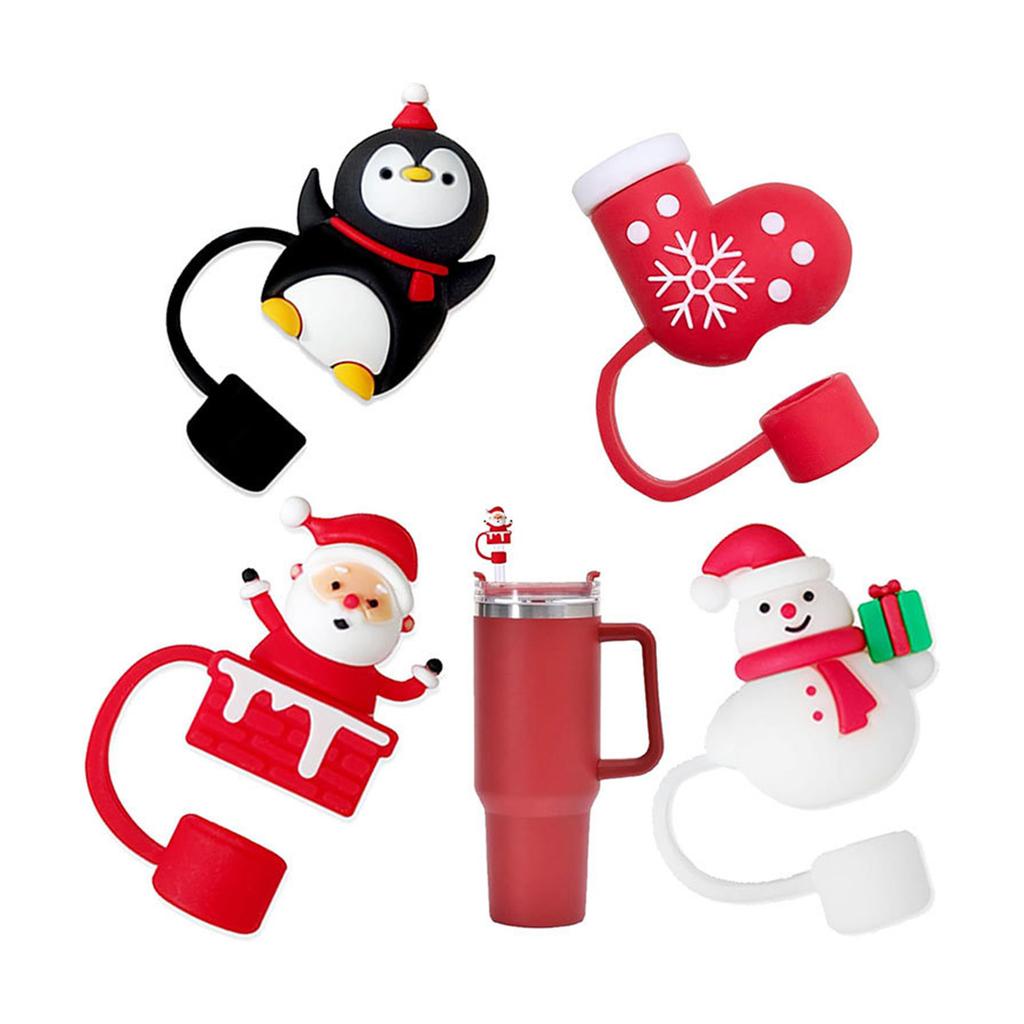 7 ks Vánoční silikonové krytky na brčka Opakovaně použitelné kreslené krytky na pitná brčka Prachotěsné Roztomilé krytky na brčka Nástavce Hroty Víčko