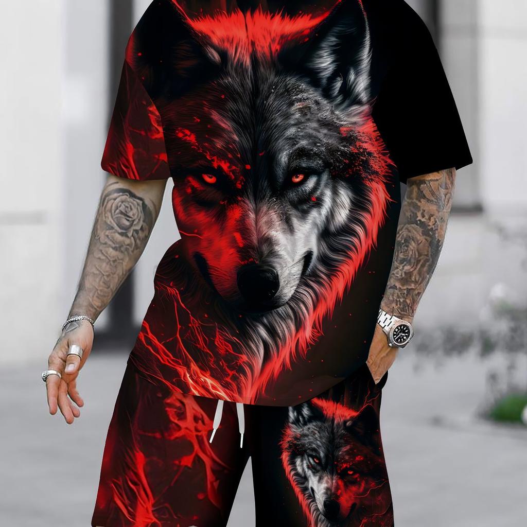 Summer Men Wolf Head Print Short Sleeve Set Breathable Outdoor Streetwear